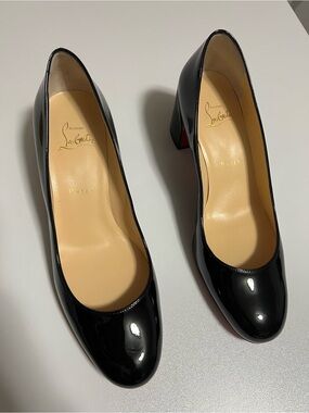 Christian Louboutin Black Patent Leather Round Toe Block Heel Pumps